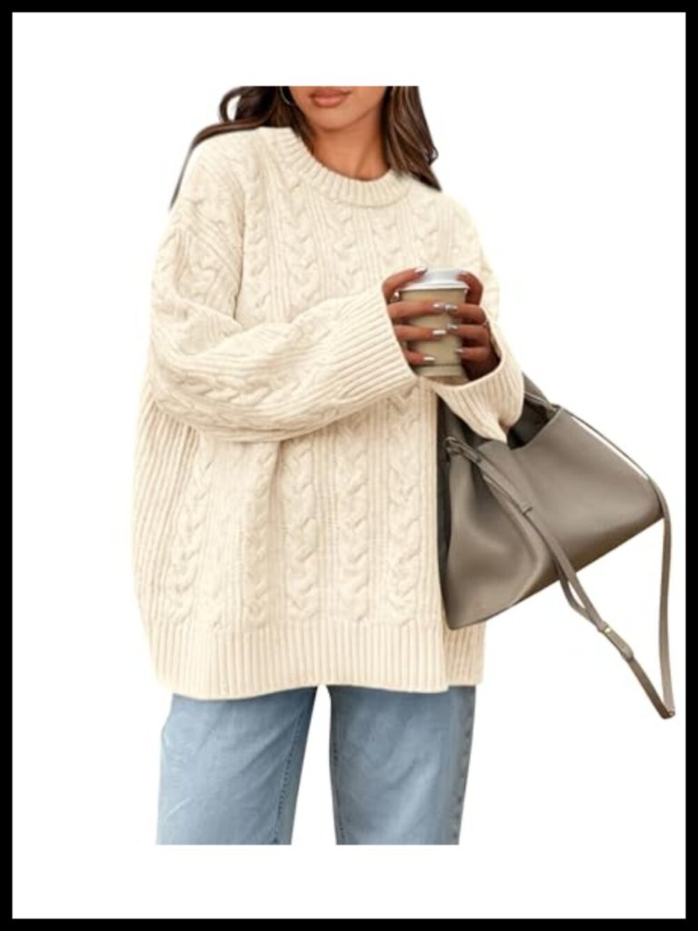 Oversized Cable Knit Crewneck Sweater Chunky Pullover